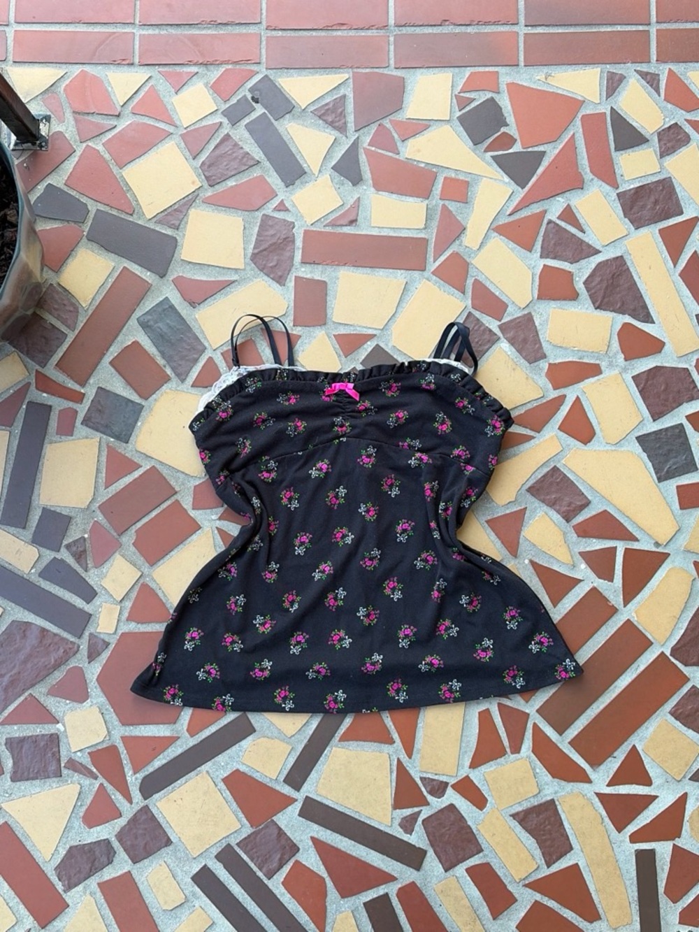 Vintage Betsey Johnson Black Floral Cami with Pink Accent Bow